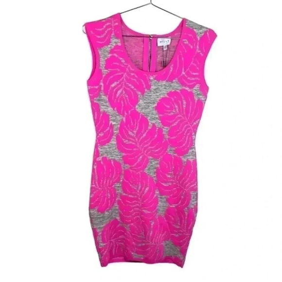 Milly Neon Pink and Gray Tropical Knit Sleeveless Sheath‎ Dress - Picture 2 of 9